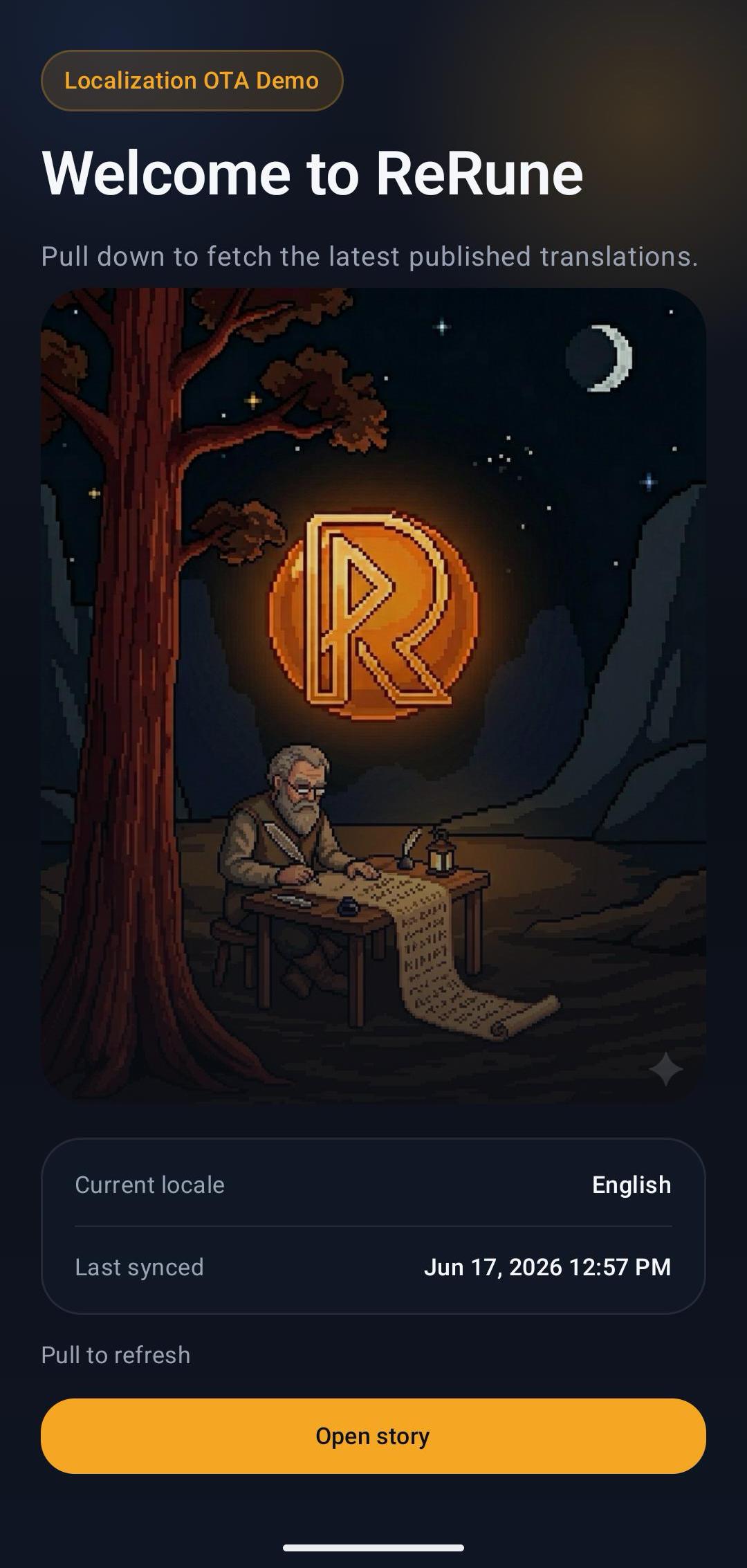 ReRune OTA demo mobile app landing screen with live localization status