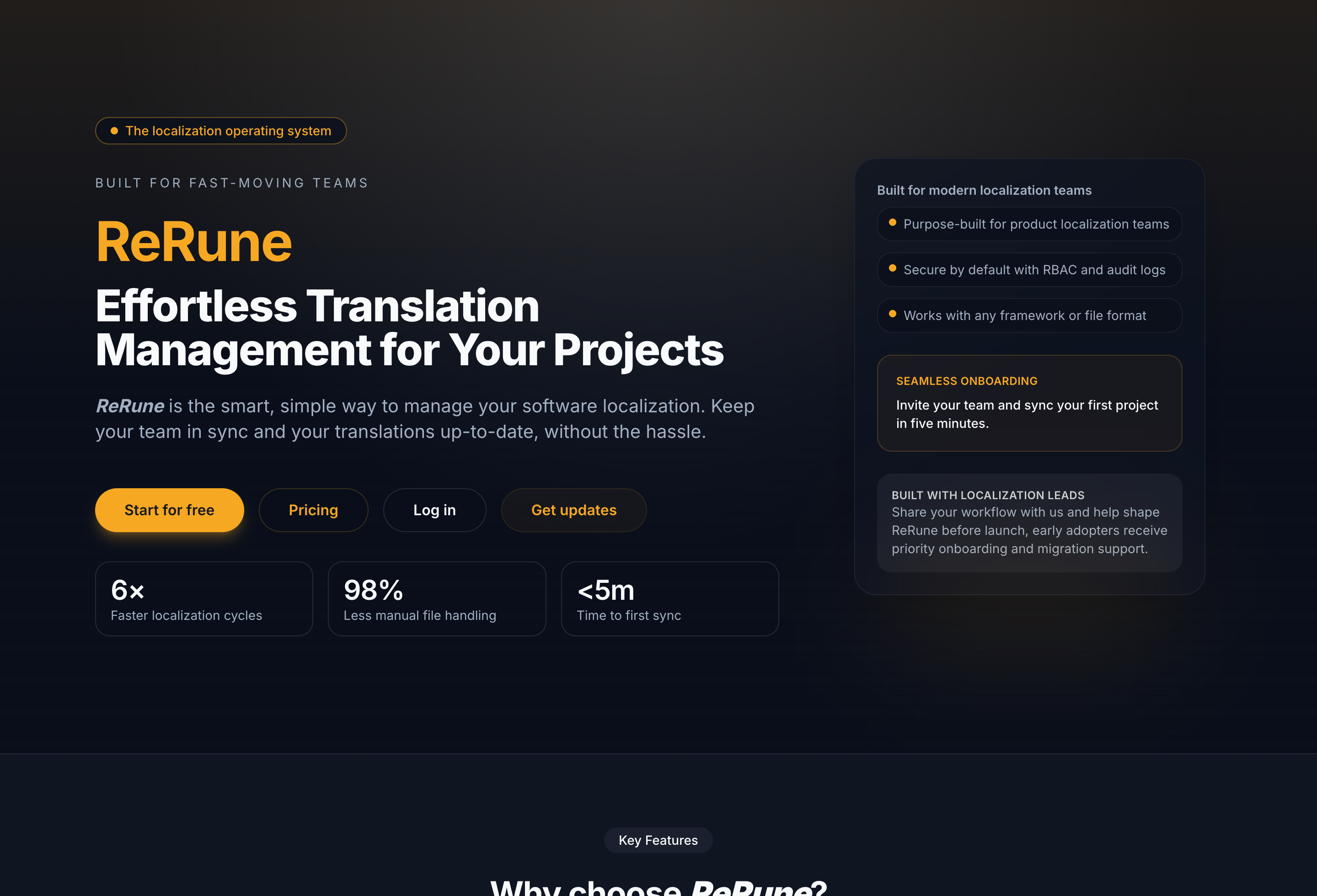 Rerune Landingpage mit Lokalisierungs-Workflow-Karten und Produktmetriken