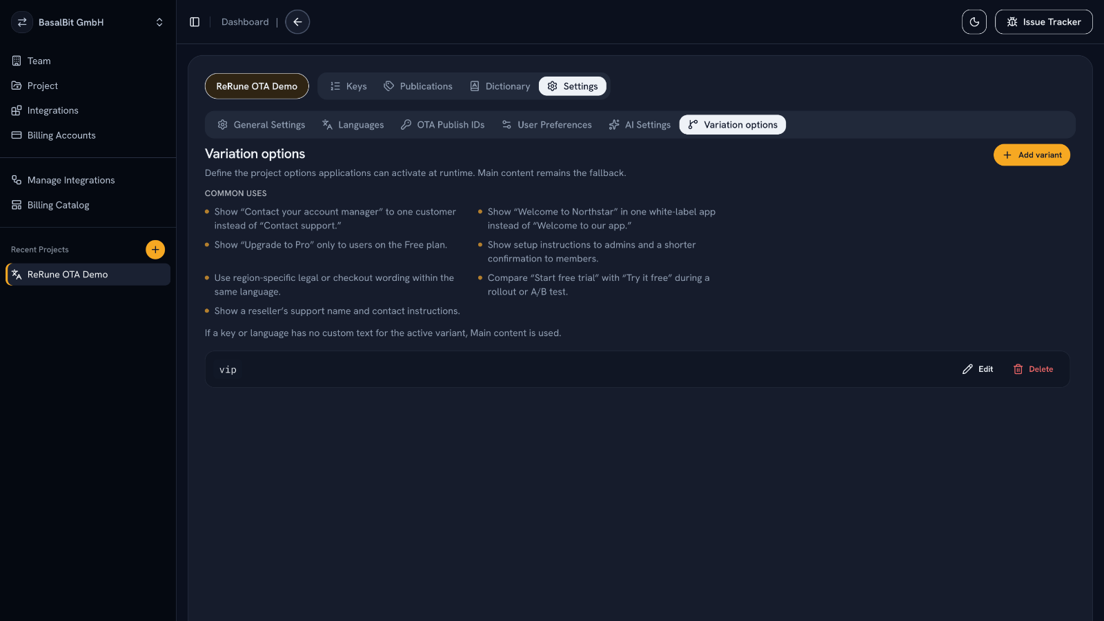 ReRune variation options explaining audience-specific messages, with the main text as fallback